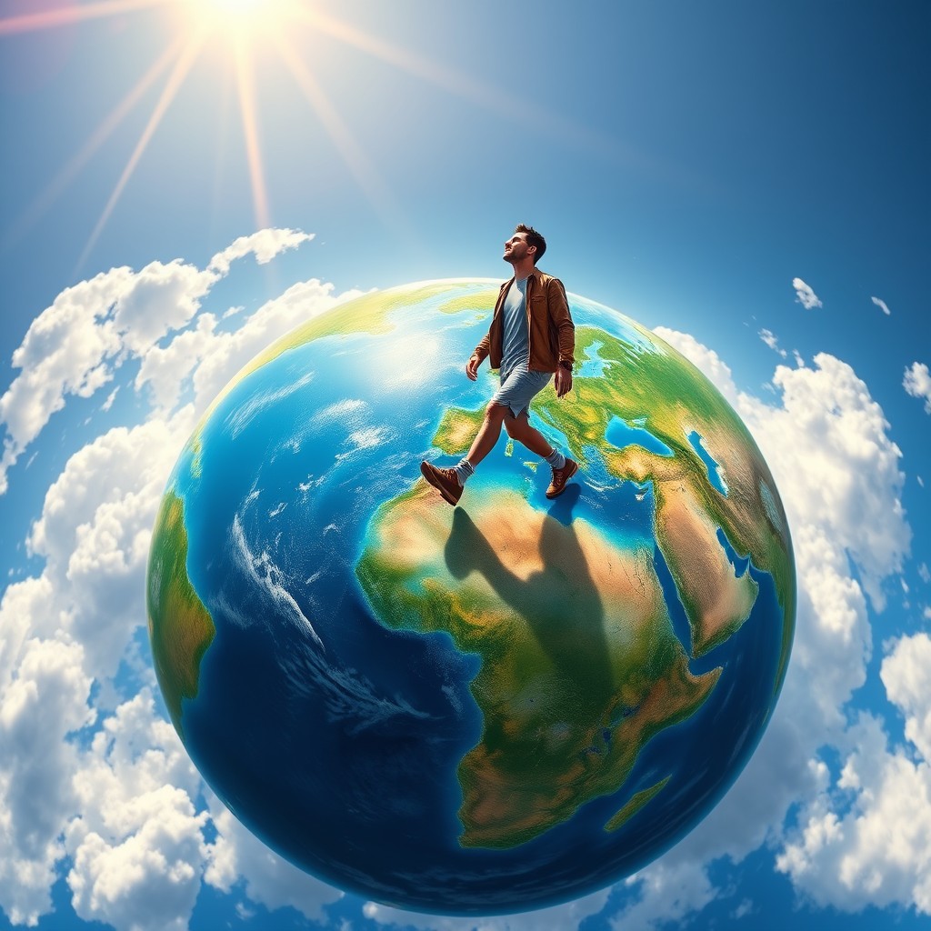 A man walking confidently on the round surface of a beautifully detailed Earth, showcasing a vibrant blue ocean and lush green continents