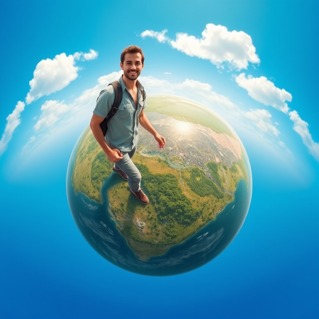 A man walking confidently on the surface of a round Earth, with a vibrant blue sky and fluffy white clouds in the background