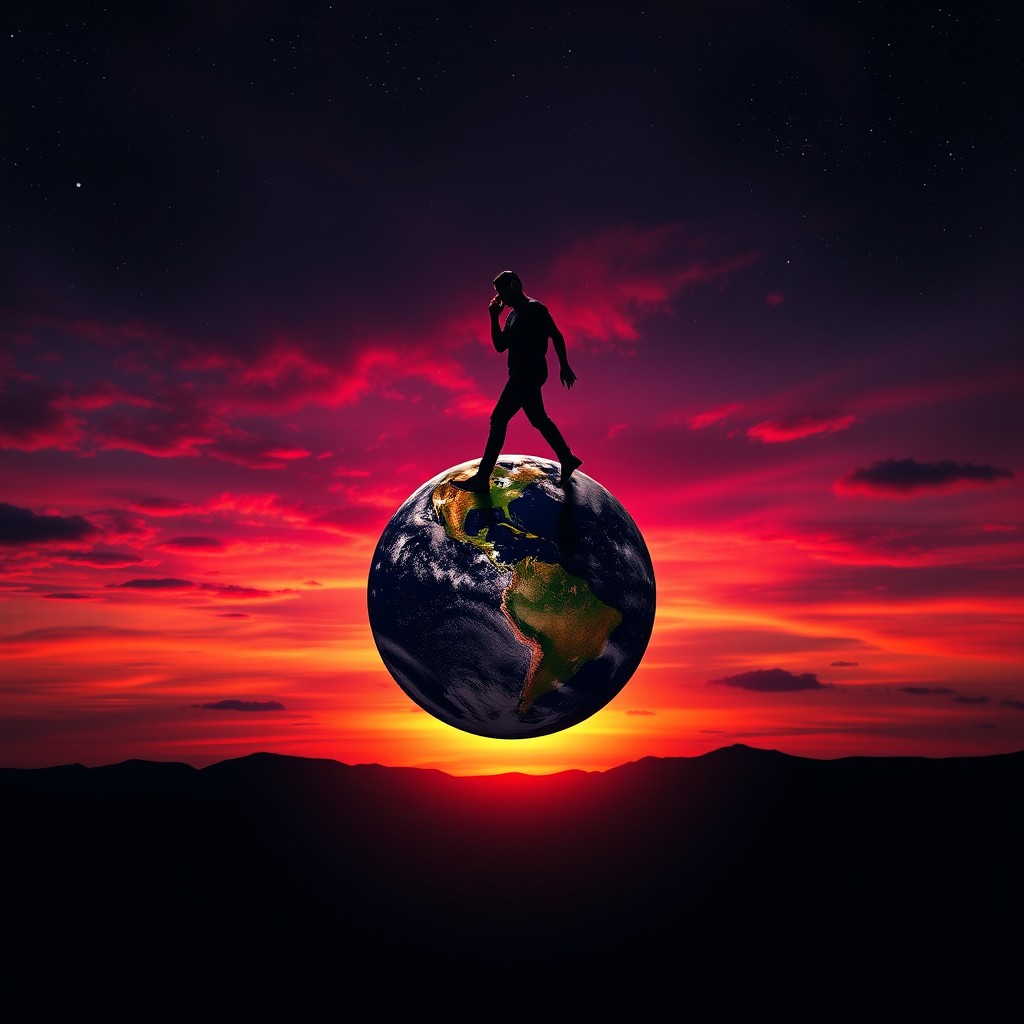A dramatic scene featuring a silhouette of a DJ man, wearing headphones, walking confidently on a round Earth floating in a galaxy, against the backdrop of a vibrant sunset