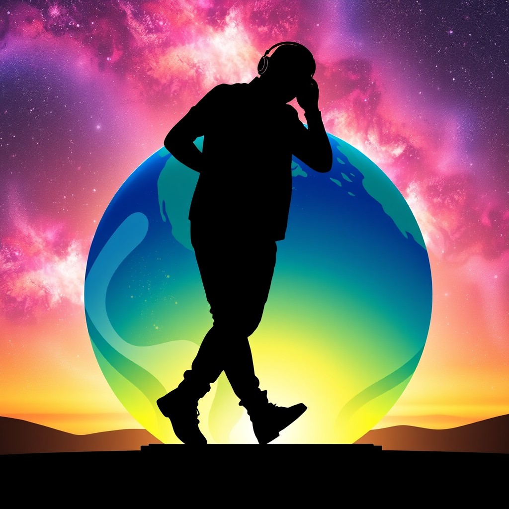 A striking silhouette of a DJ man, confidently walking on a stylized round Earth that is encompassed by a beautiful galaxy backdrop during sunset