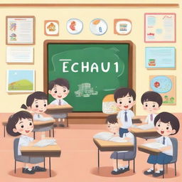 A signboard for class 1 with the name of the teacher written elegantly on it, surrounded by colorful illustrations typical of a grade school setting.