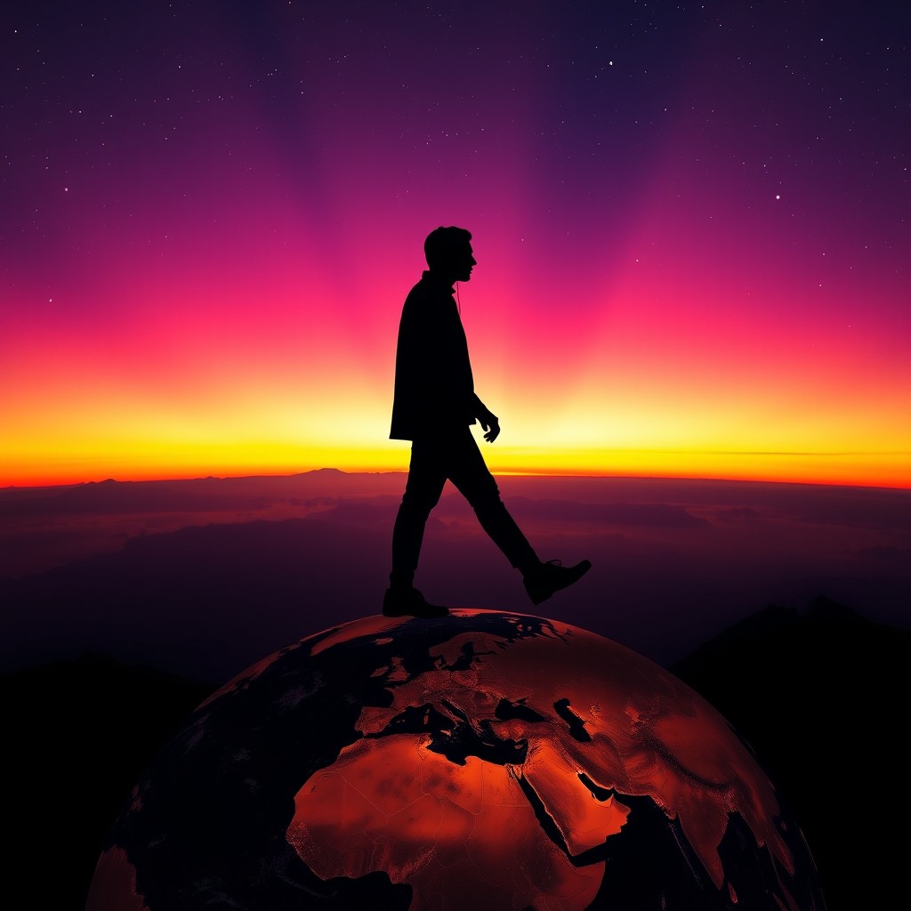 A silhouette of a DJ man walking confidently on a round Earth, set against a beautiful galaxy sunset