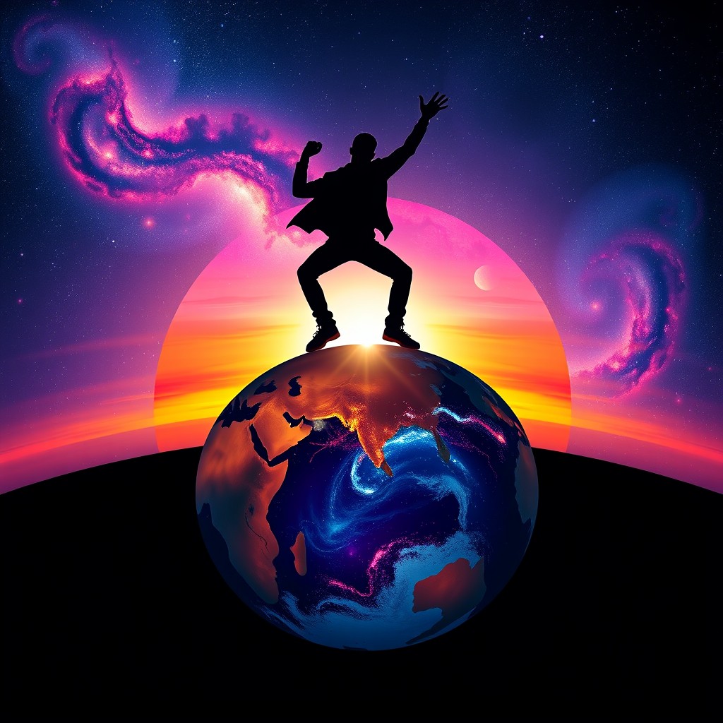 A dynamic DJ man silhouette energetically dancing atop a round Earth, with a stunning galaxy sunset in the background