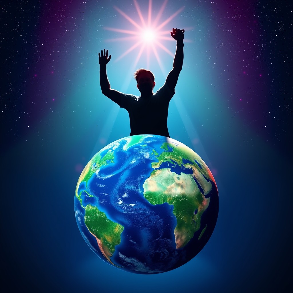 A dynamic silhouette of a male DJ dancing joyfully on a round Earth, vibrant and colorful background depicting a lively festival atmosphere