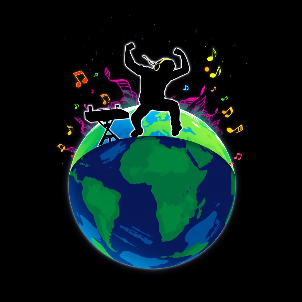 A dynamic silhouette of a DJ man energetically dancing atop a round Earth, surrounded by vibrant musical notes and colorful sound waves radiating from him