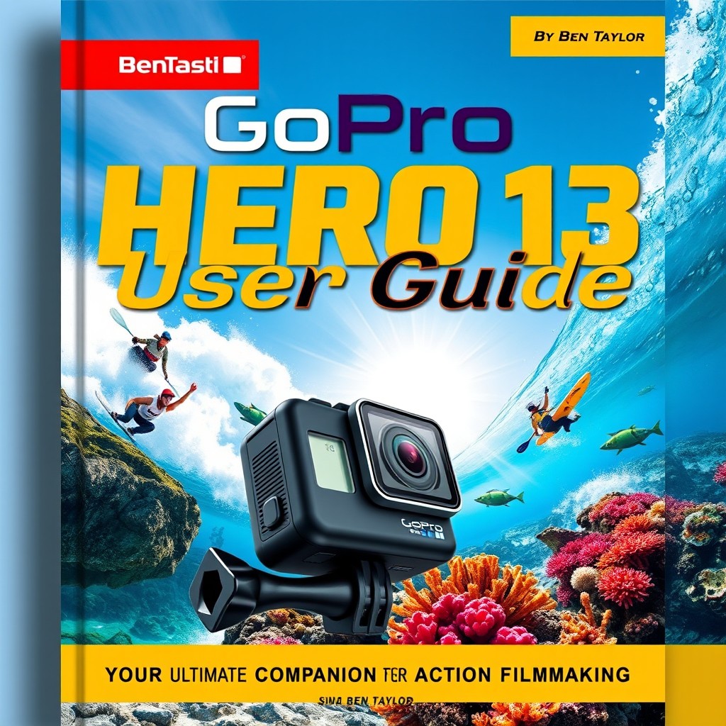 A captivating and action-oriented user guide cover for the GoPro Hero 13, designed by Ben Taylor