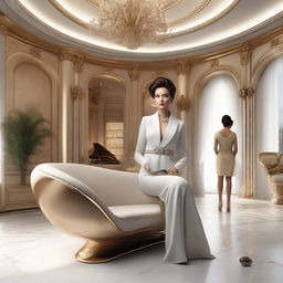 A photorealistic representation of an elegant woman in a luxurious interior filled with futuristic furniture, advanced technology, and extraordinary design elements.