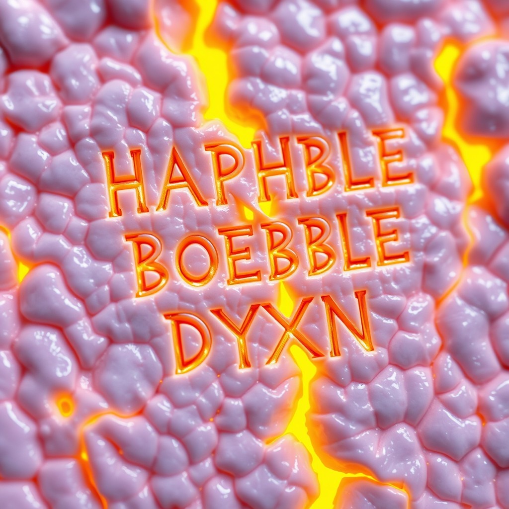 A pale yellow inscription that reads 'HAPHBLE BOEBBLE DYXN' resembling lava in texture