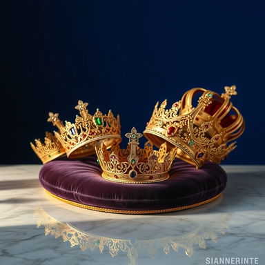 A stunning display of various ornate crowns arranged artistically on a velvet cushion