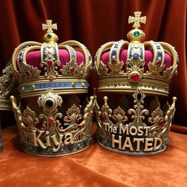 A collection of majestic crowns featuring intricate designs, jewels, and embellishments, each personalized with the name "Kiya Malaysia" beautifully crafted onto the front
