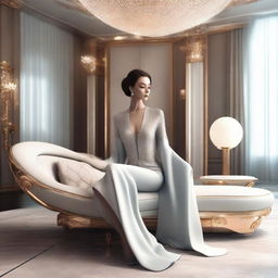 A photorealistic representation of an elegant woman in a luxurious interior filled with futuristic furniture, advanced technology, and extraordinary design elements.