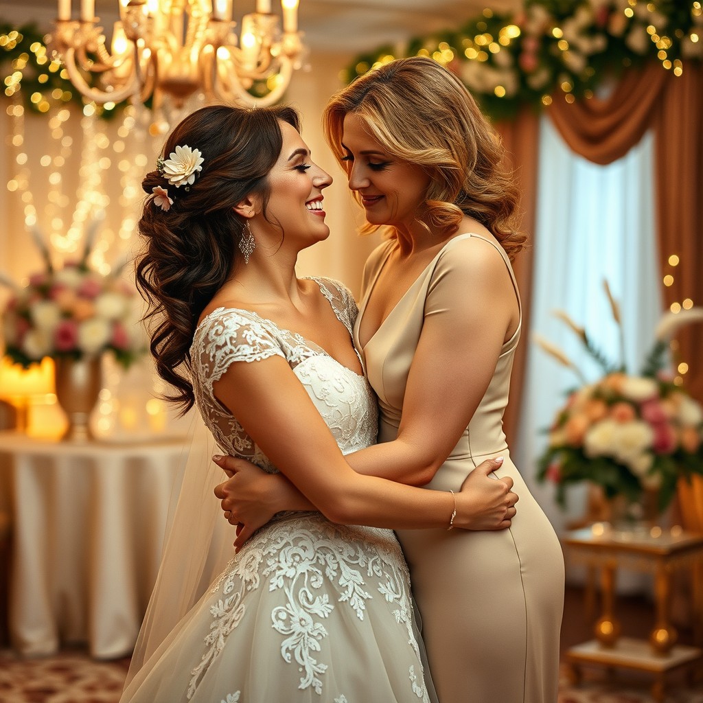A heartfelt scene showcasing a mother and daughter on a wedding night, both dressed in elegant attire