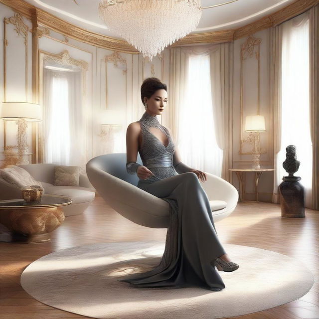 A photorealistic representation of an elegant woman in a luxurious interior filled with futuristic furniture, advanced technology, and extraordinary design elements.