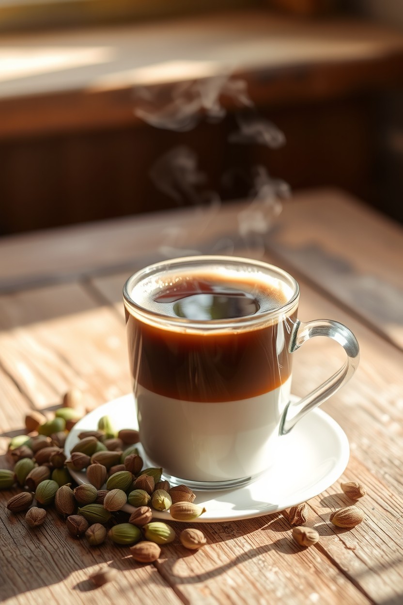 A cozy scene featuring a steaming cup of coffee with cardamom pods scattered around it