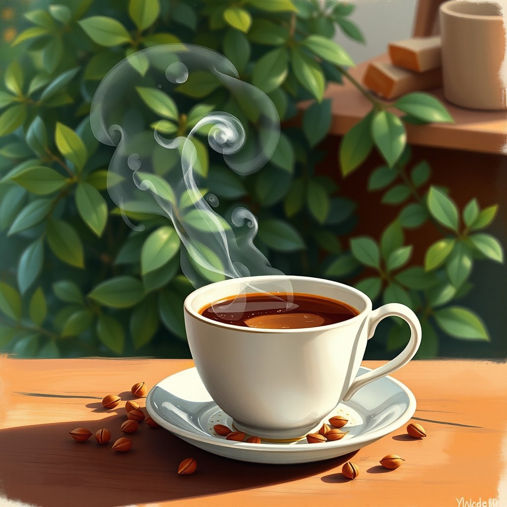 A warm, inviting scene featuring a cup of coffee infused with cardamom, beautifully arranged on a rustic wooden table