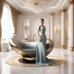 A photorealistic representation of an elegant woman in a luxurious interior filled with futuristic furniture, advanced technology, and extraordinary design elements.