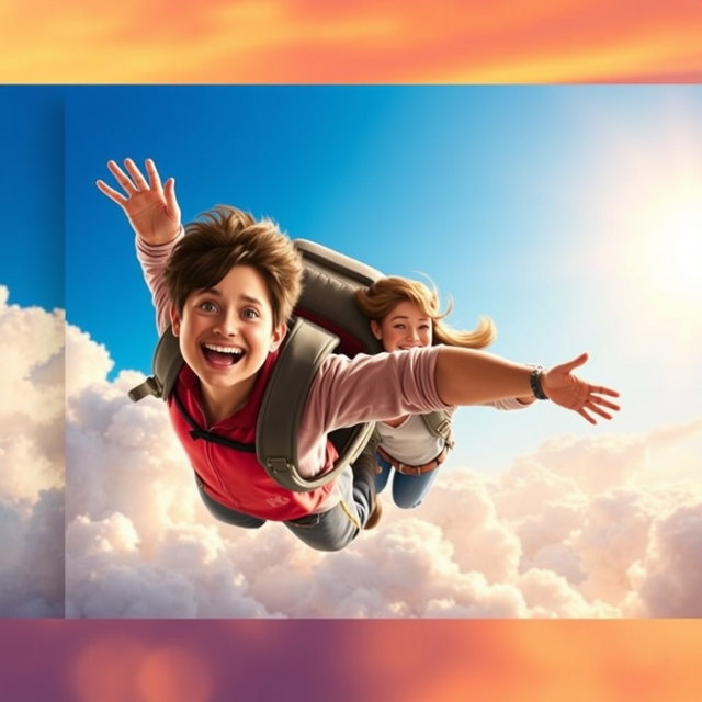 A dynamic movie poster featuring two characters soaring through the sky, their expressions filled with a sense of exhilaration and joy