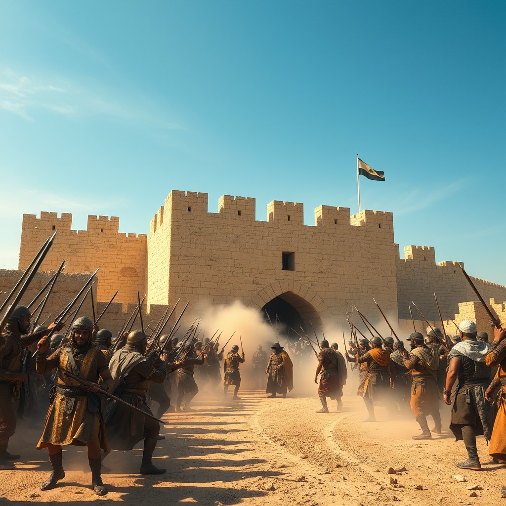 In a dramatic scene set within the historic fortress of Tream in Yemen, the soldiers led by Ziyad bin Labid, sent by the Caliph, have retreated into the castle after suffering defeat