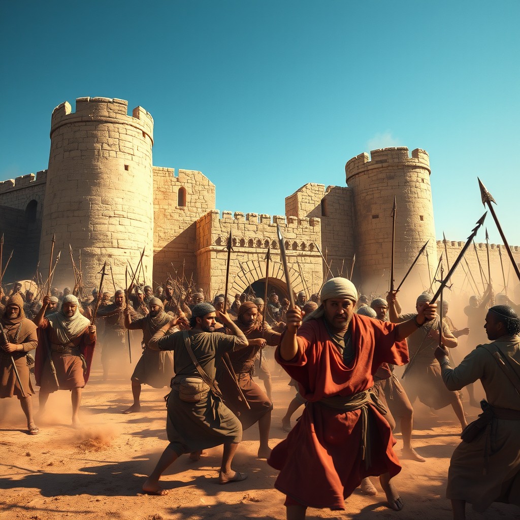 In a powerful historical scene set within the stronghold of Tream in Hadhramaut, a tense atmosphere surrounds the ancient fortress as Ziyad bin Labid's troops, representing the Caliph, retreat into the castle following a devastating defeat
