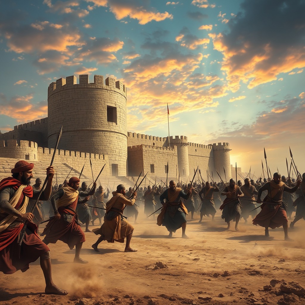 In a historical scene set within the stronghold of Tream in Hadhramaut, the Islamic forces are depicted in retreat after a significant defeat, seeking refuge inside the castle