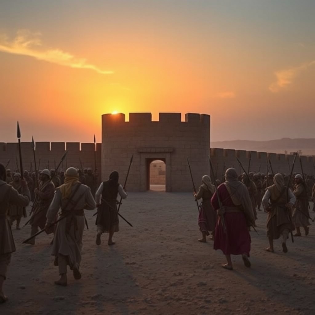 In a poignant historical scene set within the simple fortress of Tream in Hadhramaut, the Islamic forces find themselves defeated and retreating into the castle for sanctuary