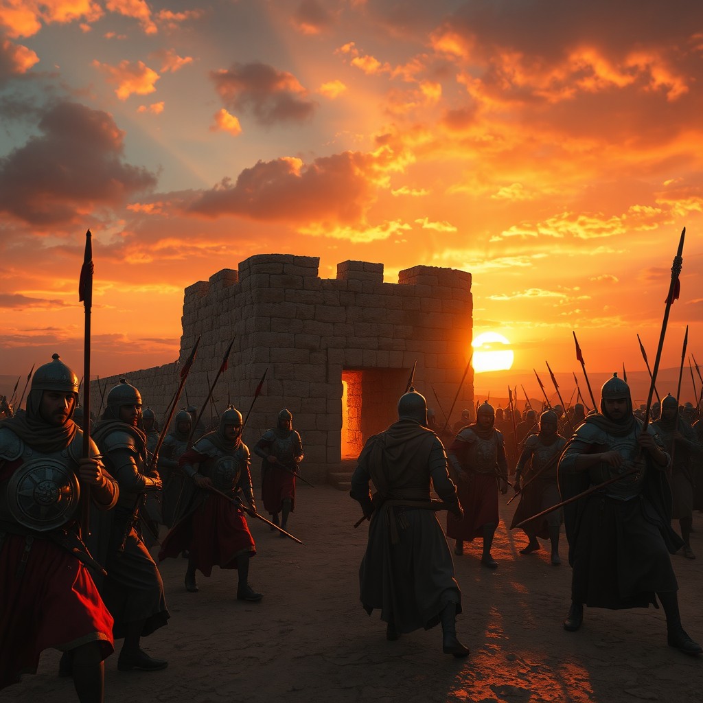 In a dramatic historical scene set within the simple fortress of Tream in Hadhramaut, the Islamic forces are depicted in retreat after suffering a significant defeat, seeking refuge inside the castle