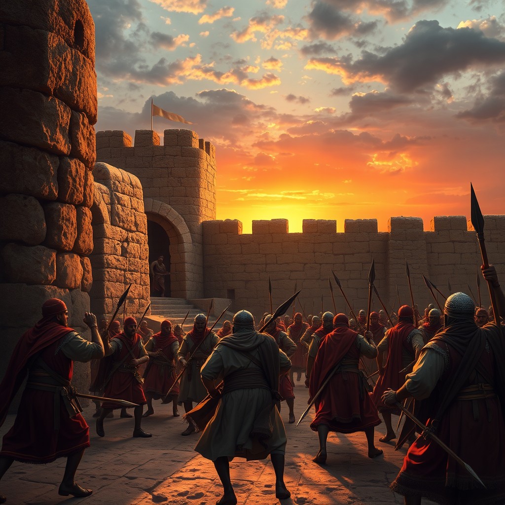In a dramatic historical scene set within the simple fortress of Tream in Hadhramaut, the Islamic forces are depicted in retreat after a significant defeat, rushing inside the castle and securing its gates tightly