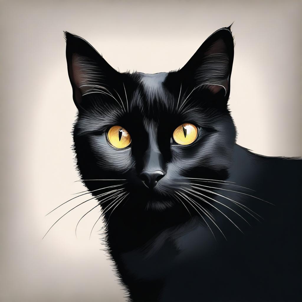 A high-quality digital art portrait of a black cat