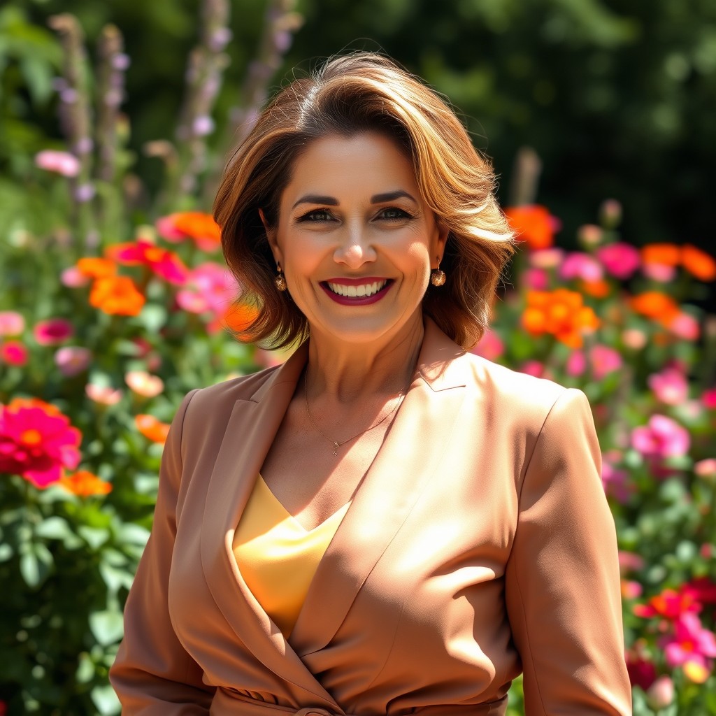 Mature woman with a confident and radiant smile, elegantly dressed in a stylish outfit, standing in a sunlit garden filled with vibrant flowers
