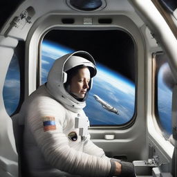 Realistic representation of user inside a space shuttle cruising through space with the Earth visible from the window.