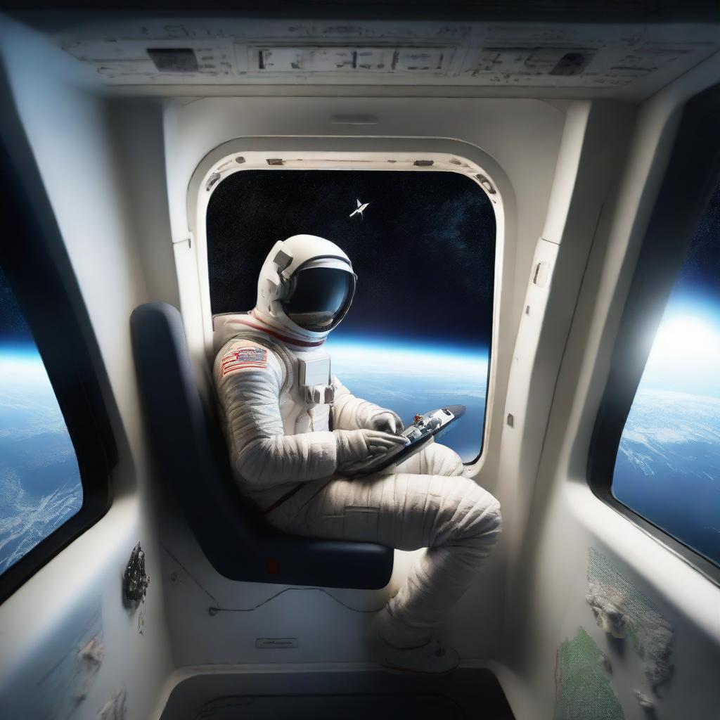 Realistic representation of user inside a space shuttle cruising through space with the Earth visible from the window.