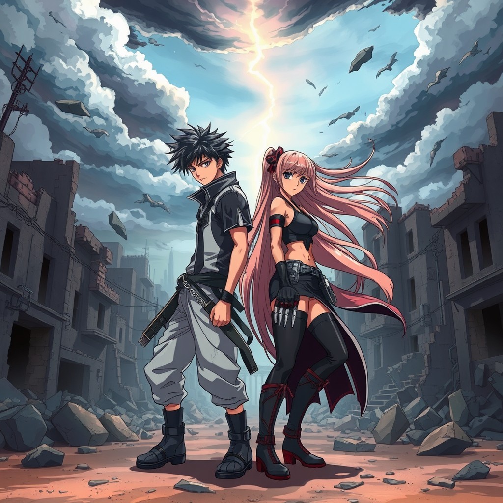In an anime-style illustration inspired by the aesthetics of Bleach, depict a scene of Male A and Female B standing back-to-back in a dynamic pose, both ready for battle