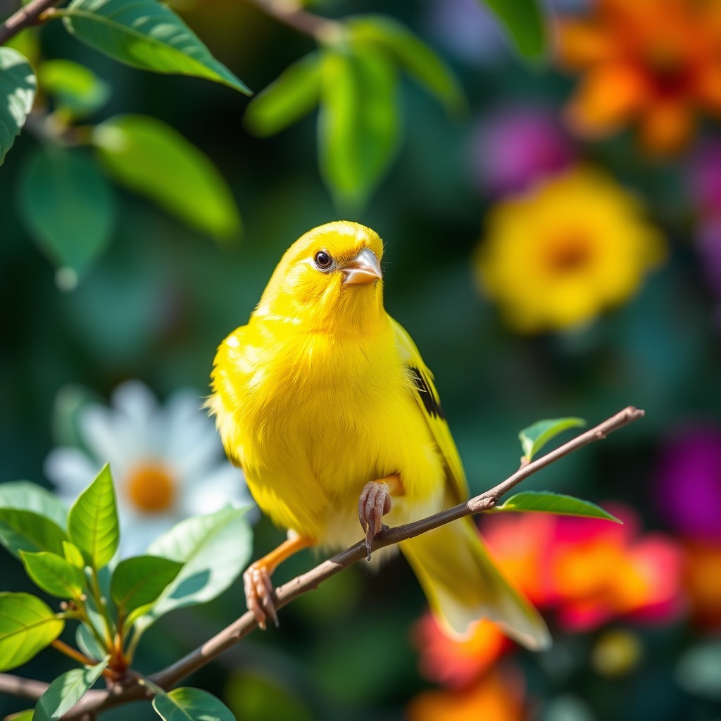 A vibrant yellow canary with striking black eyes, perched gracefully on a delicate branch surrounded by lush green leaves