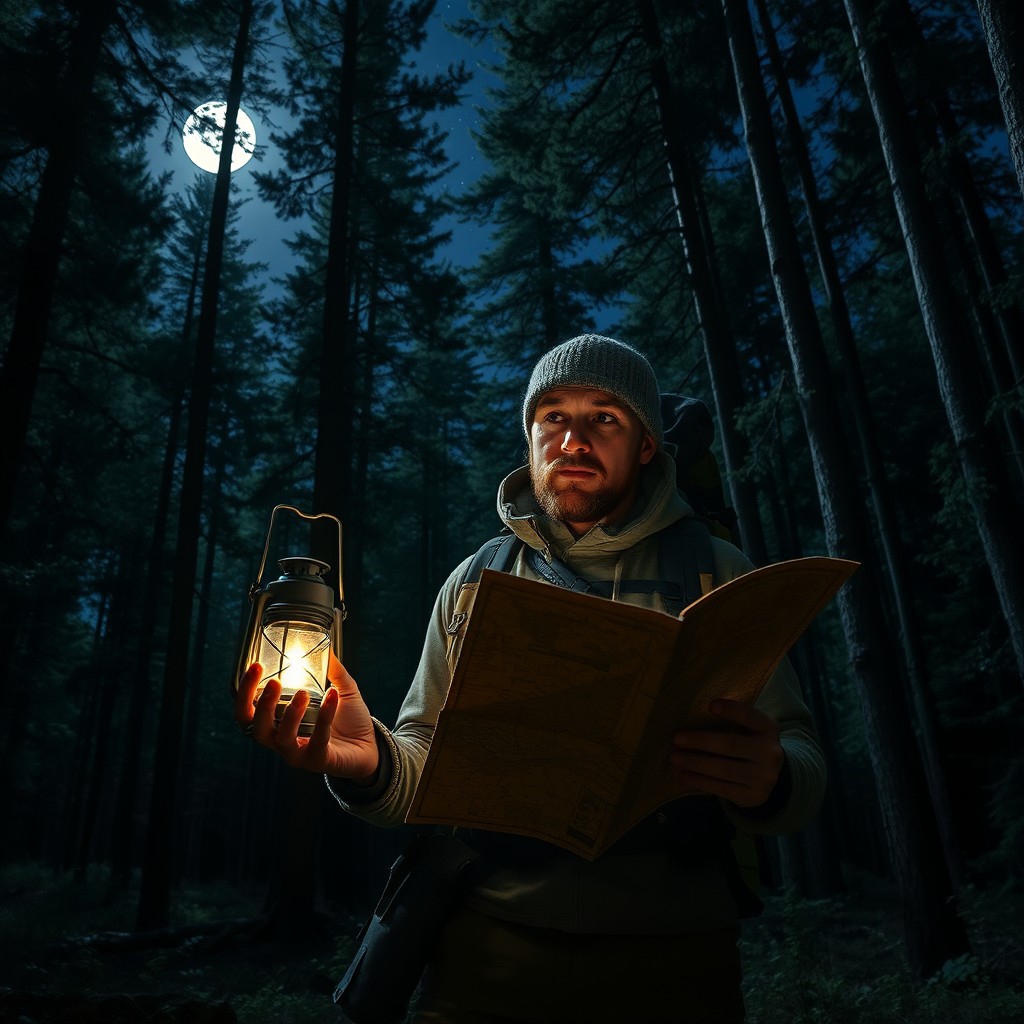 A nighttime explorer, dressed in rugged outdoor gear, with a sturdy backpack and a faint glow from a lantern illuminating the surroundings