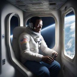 Realistic representation of user inside a space shuttle cruising through space with the Earth visible from the window.