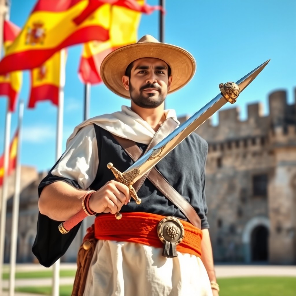 A Spanish man in traditional attire, holding a beautifully crafted saber with an intricate hilt