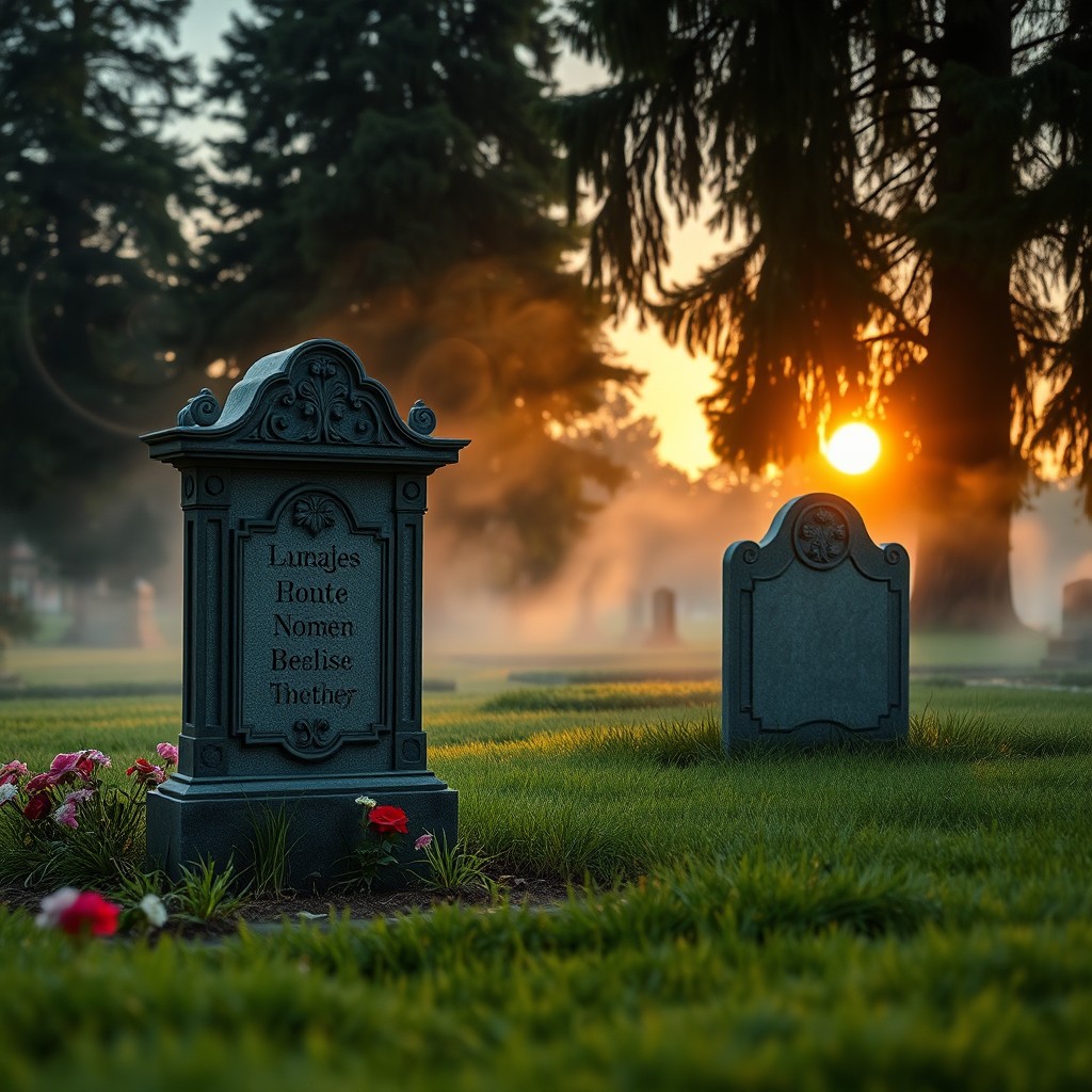 A serene cemetery at twilight, featuring two elegant gravestones surrounded by well-manicured grass and blooming flowers