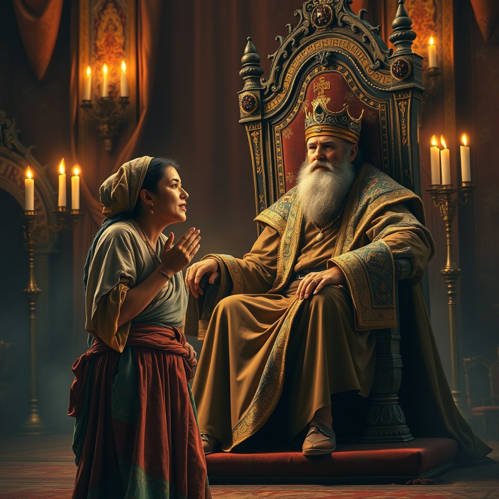 A poignant scene depicting a poor woman singing passionately for a king seated on a grand throne