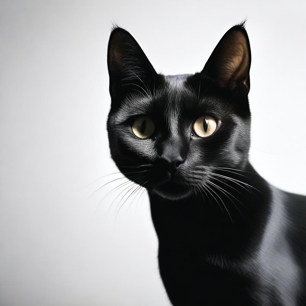 A professional-grade dark photography featuring a black cat against a white background