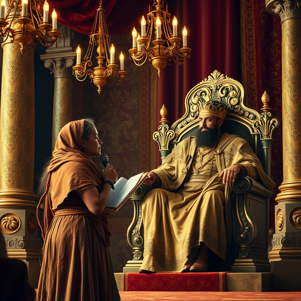 A touching scene featuring a poor woman singing from her heart for a king seated on a magnificent throne
