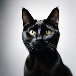 A professional-grade dark photography featuring a black cat against a white background