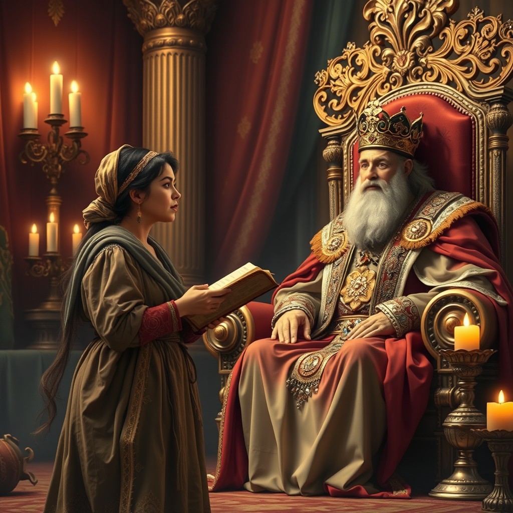 A heartwarming scene depicting a poor woman singing earnestly for a king seated on a grand and ornate throne