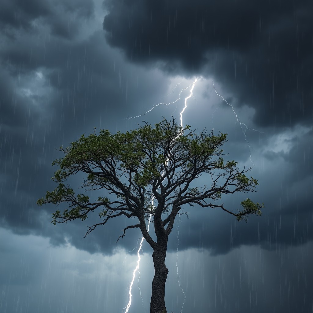 A dramatic scene featuring a solitary tree standing tall amidst a fierce gray storm
