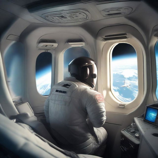 Realistic representation of user inside a space shuttle cruising through space with the Earth visible from the window.