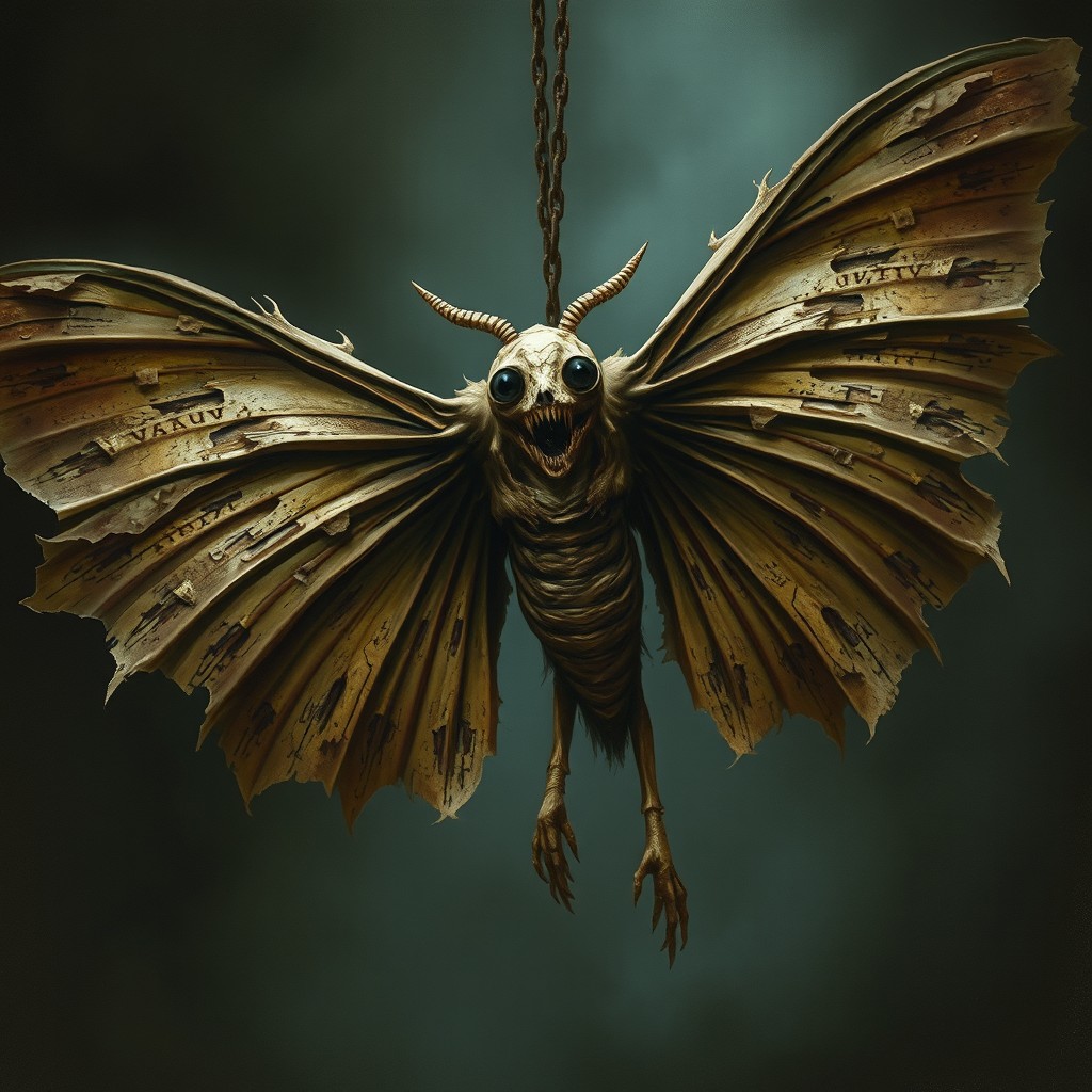 A dark fantasy card art featuring a mummified giant moth with tattered, dusty wings and hollow eyes