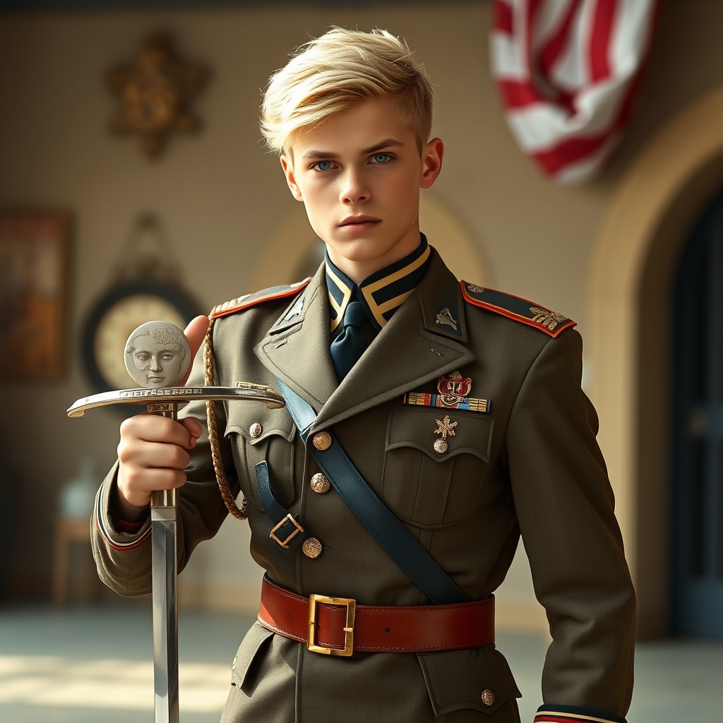 A strong young blonde man dressed in a stylish military uniform, exuding confidence and strength