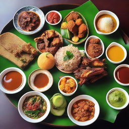 A well-presented platter of Indonesian traditional food, vibrant with rich colours and aromatic spices.