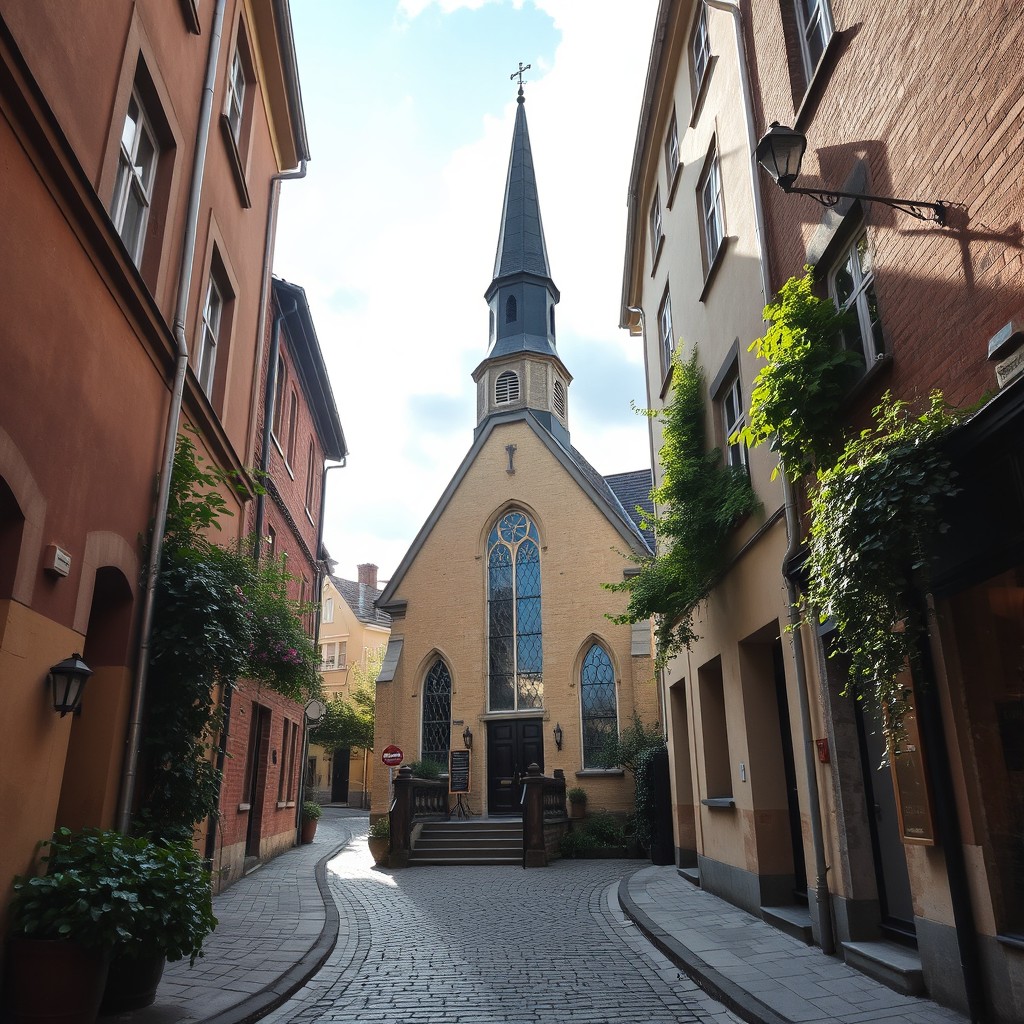 A charming view of a quaint church situated at the corner of a narrow alley