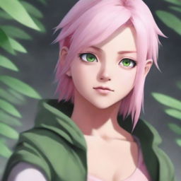 A high-resolution, hyperrealistic digital painting features Sakura Haruno from Naruto