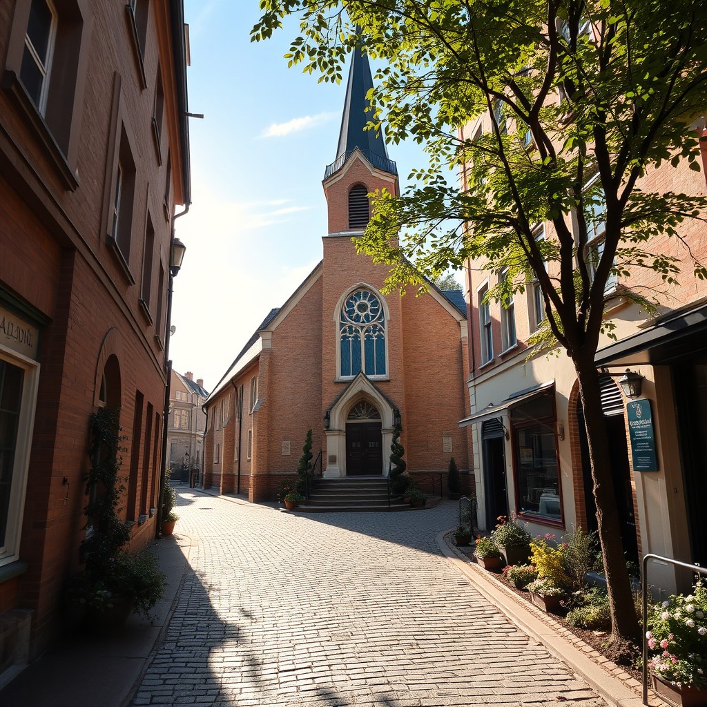 A picturesque church located at the corner of a charming alley, featuring classic architectural elements such as a tall steeple and ornate stained glass windows